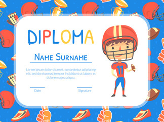 American Football Diploma, Sport Achievements Certificate Cartoon Vector Illustration