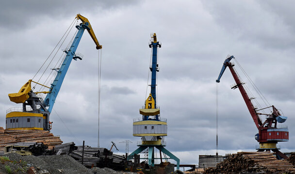 cranes at the port of Dudinka on the Taimyr Peninsula in Russia