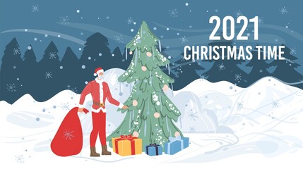 Fototapeta na wymiar Cartoon flat character Santa Claus outdoor with red bag,christmas tree,gift boxes at winter time-merry Xmas,happy New Year holiday concept