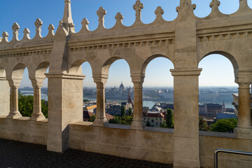 View from Fisherman's Bastion on Budapest cityscape with  Parliament Building in the background