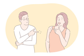 Couple expressing positive dispute and relationship concept. Young couple cartoon characters standing, smiling and pointing at each other with forefingers expressing communication meaning with hands