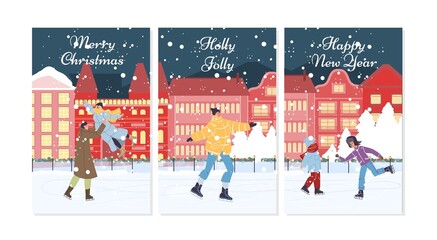 Flat cartoon family characters doing winter outdoor activities,ice skating in snow,merry christmas,happy New Year holiday concept
