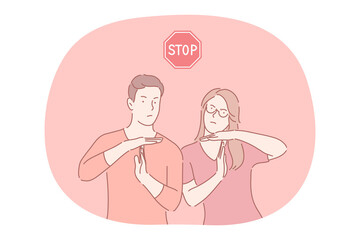 Stop, prohibiting gesture and sign concept. Young serious couple cartoon characters showing stop prohibiting interruption gesture with hands and red stop road sign above vector illustration 