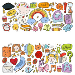Fototapeta premium Back to school. Vector illustration with icons about education. English learning. Online internet courses.