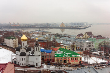 Russia, Nizhny Novgorod Top view during the day in fog.