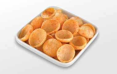Crispy and crunchy Salty wheat cup & Katori, vatka, moon chips, vatki, fryums or frymus, snack food, Indian Pouch Packing Street Food, selective focus - Image