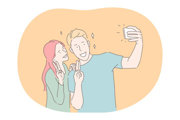 Selfie, making photo on smartphone, blogging, sharing online concept. Young smiling couple cartoon characters showing peace sign with fingers, looking at phone camera and making selfie together
