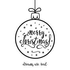 Monochrome christmas card with quote merry christmas and snowflakes inside bauble isolated black on white background.