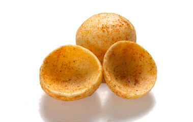 Crispy and crunchy Salty wheat cup & Katori, vatka, moon chips, vatki, fryums or frymus, snack food, Indian Pouch Packing Street Food, selective focus - Image