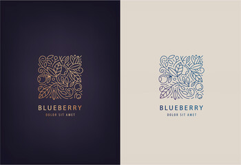 Vector line logo design template leaves and blueberries. Nature badge for holistic medicine centers
