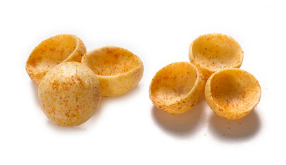 Crispy and crunchy Salty wheat cup & Katori, vatka, moon chips, vatki, fryums or frymus, snack food, Indian Pouch Packing Street Food, selective focus - Image