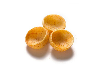 Crispy and crunchy Salty wheat cup & Katori, vatka, moon chips, vatki, fryums or frymus, snack food, Indian Pouch Packing Street Food, selective focus - Image