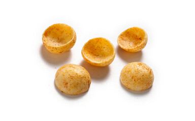 Crispy and crunchy Salty wheat cup & Katori, vatka, moon chips, vatki, fryums or frymus, snack food, Indian Pouch Packing Street Food, selective focus - Image