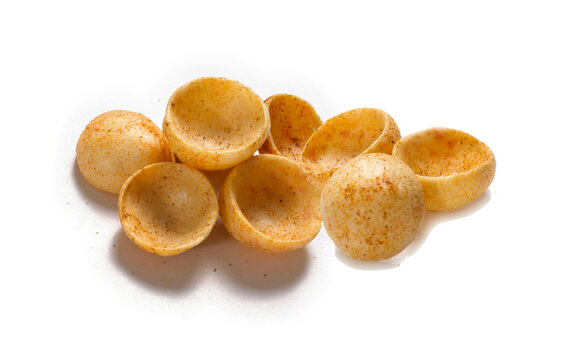 Crispy and crunchy Salty wheat cup & Katori, vatka, moon chips, vatki, fryums or frymus, snack food, Indian Pouch Packing Street Food, selective focus - Image