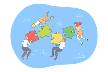 Business, teamwork, collaboration concept. Group of businessmen women managers cartoon characters cooperate together collect assembling jugsaw puzzles. Team coworking and partnership illustration.