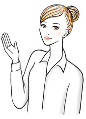 白いシャツを着て腕を上げ案内するダオンゴヘアの女性