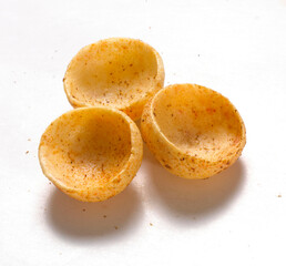 Crispy and crunchy Salty wheat cup & Katori, vatka, moon chips, vatki, fryums or frymus, snack food, Indian Pouch Packing Street Food, selective focus - Image