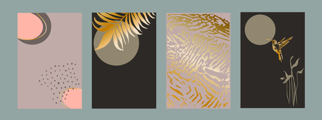 Luxurious pattern. Natural elements. Gold texture wall art vector set. Design with abstract shape and gold pattern for printing, covers. Minimalism. Vector illustration