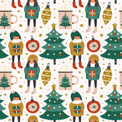 Presents, gifts, christmas tree decor, people, cup of hot drink. Seamless pattern, texture, background. New year wrapping paper, packaging design. Holiday, party. Scandinavian style.