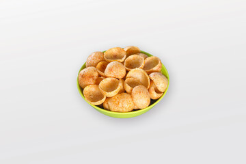 Crispy and crunchy Salty wheat cup & Katori, vatka, moon chips, vatki, fryums or frymus, snack food, Indian Pouch Packing Street Food, selective focus - Image