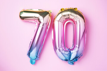 Rainbow foil balloon number, digit seventy. Birthday greeting card with inscription 70. Anniversary...