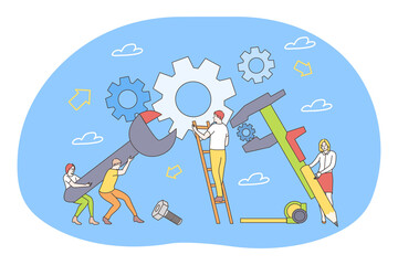 Teamwork, cooperation, collaboration, partnership, business concept. Group of business people coworkers partners making whole picture from gears achieving common goals together in team
