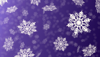 Large snow flakes falling down over a vivid purple background. Christmas decoration design.