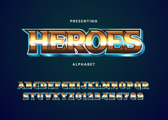 Superhero movie title text effect template. Metallic mystique font alphabet