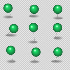 Green hairpins for paper on a transparent background with a gray shadow. EPS 10