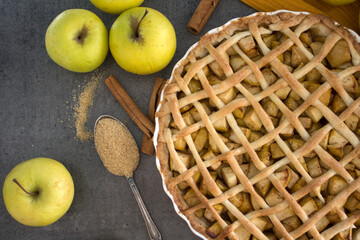 Beautiful decorated apple pie. Holiday menu ideas. Classic apple pie receipt. 