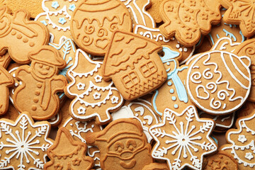 Tasty Christmas cookie on whole background, close up