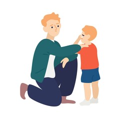 Obraz premium Parent hug and soothe crying child. Father empathize and calming down his son. Dad wiping tears away from kids face. Flat vector cartoon illustration of family support or parenting isolated on white