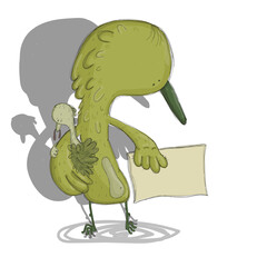 The Bird with the announcement, the birds with the poster, the crane on strike. Plastic pollution, environmental catastrophe, global warming vector concept characters with cartoon animal. 