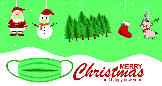 Vector Branner Celebrating Christmas And New Year Santa Claus Snowman Pine Tree Socks And Medical Mask The idea of ​​a temple holiday during the virus outbreak.