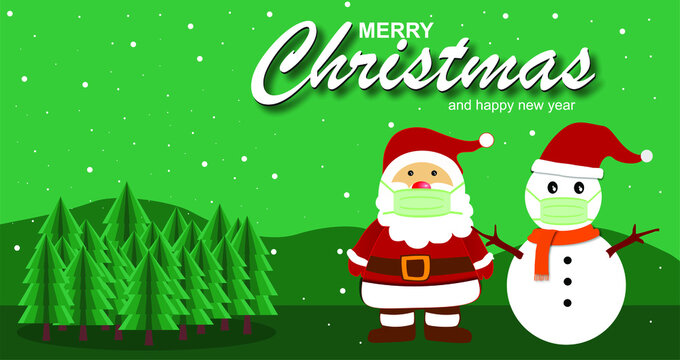 Vector Branner Celebrating Christmas And New Year Santa Claus Snowman Pine Tree Socks And Medical Mask The idea of ​​a temple holiday during the virus outbreak.