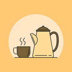 Simple cup of coffee and kettle vector illustration. Coffee linear color style icon 