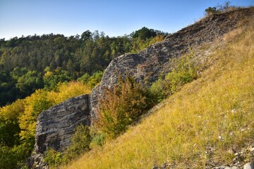 Sunny walk through Radotin Valley, a nature reserve in Czech Karst near Prague, Czech Republic. Water mill called Taslaruv Mlyn is part of this trail.