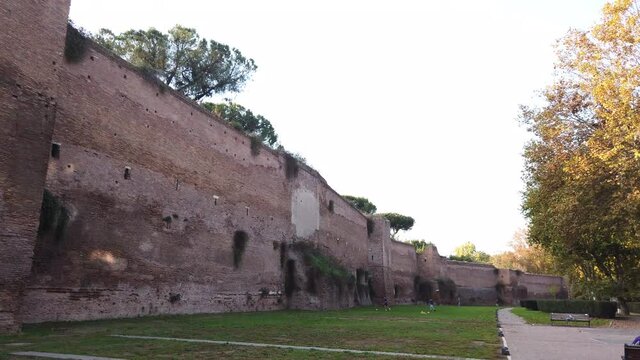 Aurelian Walls located in Rome close to viale metronio. The city walls of the capital of Italy have been built between 271 AD and 275 AD. Pan motion.