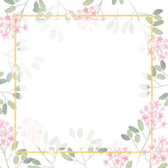 Obraz na płótnie Canvas watercolor pink tiny flower branch with golden glitter square frame background for banner
