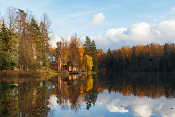 Obraz premium Fall time bright colors around the lake in the forest. Nelijarve, Estonia.
