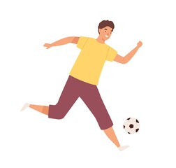 Young happy man playing football. Male soccer player kick the ball. Footballer enjoy game. Flat vector cartoon illustration of teenage kicker isolated on white background