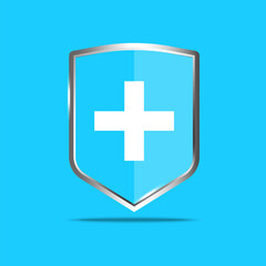 Flat illustration with medical shield on blue background. Medical poster. Antibacterial logo design. Vector shield icon. Stock image. EPS10.