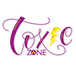 Toxic zone - colored lettering with lightning and danger sign. Multicolored text isolated on white background, vector illustration for posters, card, t-shirt print and social media.