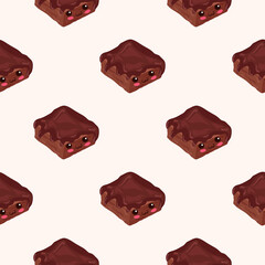 Kawaii Chocolate Brownie seamless pattern. Cute vector illustration. Funny smiling dessert characters isolated on white background. Use for cafe decorations, food menu, print, cake wrapping paper.