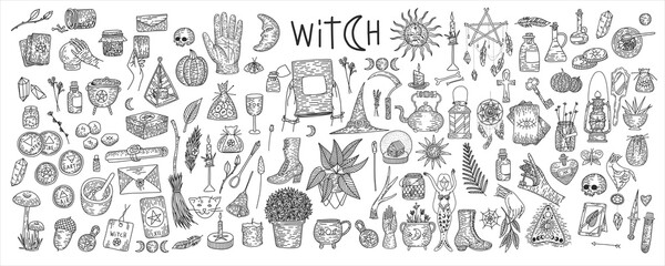 Supernatural magic collection of magical elements. Witch's things, vintage retro engraving style, vector graphics