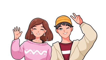 Portrait of cute smiling anime boy and girl showing hello gestures. Manga couple of trendy teenagers wave hands. Vector cartoon illustration of kawaii teen characters isolated on white background