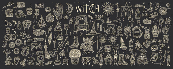 Supernatural magic collection of magical elements. Witch's things, vintage retro engraving style, vector graphics - obrazy, fototapety, plakaty