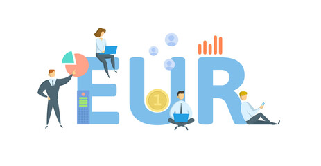 EUR, Euro currency designation. Concept with keywords, people and icons. Flat vector illustration. Isolated on white background.