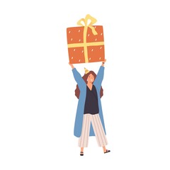 Cheerful woman carrying huge present box overhead. Female character holding big birthday gift in festive packaging. Flat vector cartoon illustration isolated on white background