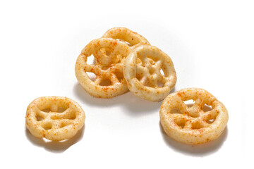 Crispy and crunchy Salty wheat wheel & Wheels, Wheelos, fryums or frymus, Fried and Spicy snack food, Indian Pouch Packing Street Food, selective focus - Image